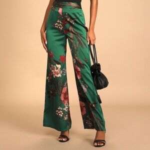 Lulus Thriving Vibes Green Floral Print Satin Wide-leg Pants - Size L